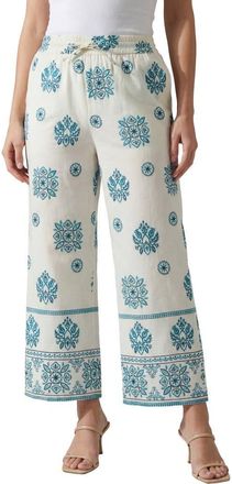 Roaman's Plus Size Wide Leg Cotton Crop Pant in White Multi Medallion Border at Nordstrom, Size 32