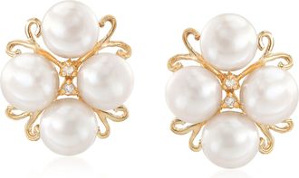 Ross-Simons 6-6.5mm Cultured Pearl Cluster Earrings With Diamond Accents in 14kt Gold