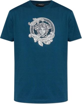 Versace Embroidered Cotton-Jersey Slim T-Shirt - Heren - T-shirts - Blauw - M - Katoen - Tops