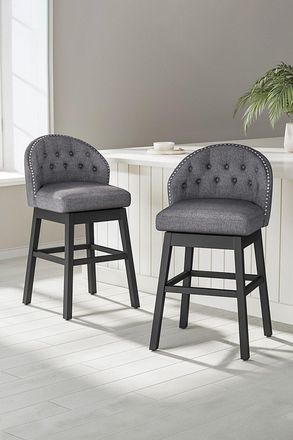 Living and Home Set of 2 Linen Studded Low Back Swivel Bar Stools