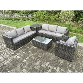 Fimous Fimous Wicker PE Rattan Sofa Set Outdoor Patio Garden Furniture with Armchair Side Table Oblong Coffee Table Dark Grey Mixed