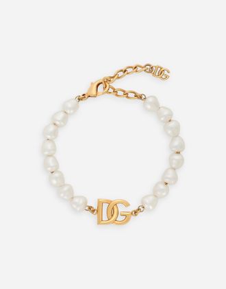 Dolce & Gabbana Link Bracelet With Pearls And Dg Logo - Woman Bijoux Gold Metal Onesize