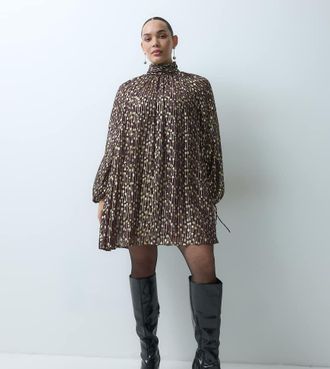 Asos Curve ASOS DESIGN Curve vestito corto smock metallico a collo alto a pois dorati-Oro