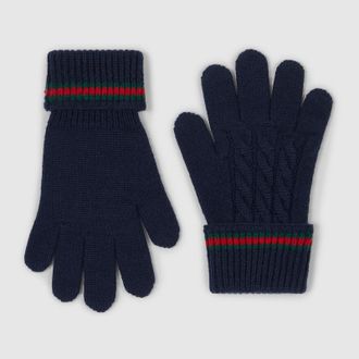 Gucci Kids - Wool Gloves With Web, Size L, Blue
