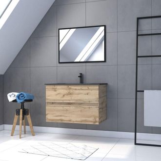 Aurlane Set Mobile Bagno Sospeso 80 cm - 2 Cassetti Rovere + Lavabo Nero + Specchio - TIMBER 80