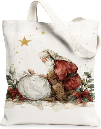 Generic Christmas Vintage Canvas Tote Bags, Artistic Holiday Design Reusable Grocery Bags, Lightweight Washable Shoulder Strap Canv, White, 13x15 Inch