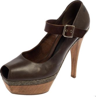 Marni Grey Leather Mary Jane Peep Toe Platform Pumps