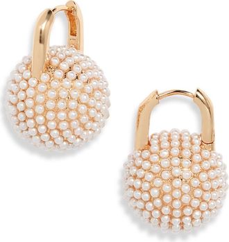 Open Edit Micro Faux Pearl Pav&eacute; Orb Huggie Hoop Earrings in White- Gold at Nordstrom
