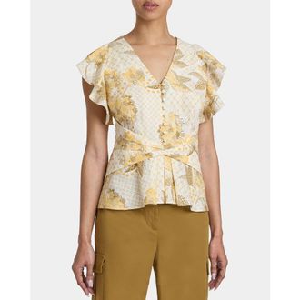 Santorelli ELLA Flutter Sleeve Buttoned Blouse with Waist Panel in Floral Printed Cotton Cloque in Chamomile at Nordstrom, Size 6S