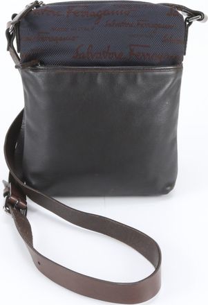 Ferragamo Dark Brown Leather Canvas Messenger Bag Shoulder Bag (Pre-Owned)