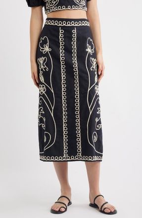Cleobella Sorina Embroidered Cotton & Linen Midi Skirt in Black at Nordstrom, Size X-Large
