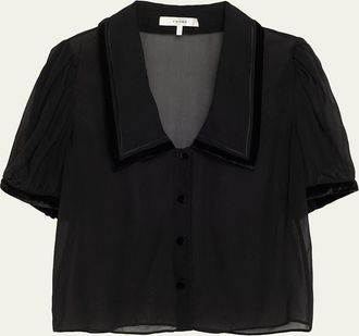 Frame Denim Modern Velvet-Trim Silk Blouse