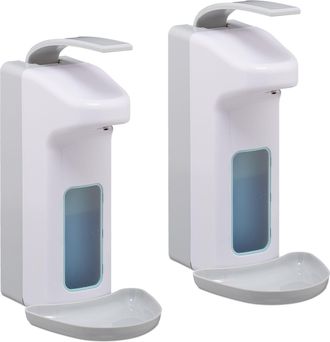 Relaxdays 2 Dispensadores De Jab&oacute;n Para Pared, 1000 Ml, Bandeja Goteo, Dosificador Desinfectante, Palanca Brazo, Abs, Blanco
