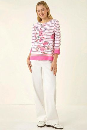 Roman Stripe Floral Print Stretch Top