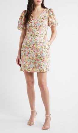 Eliza J Embroidered Puff Sleeve Cocktail Dress in Multi Floral Ivory at Nordstrom, Size 10