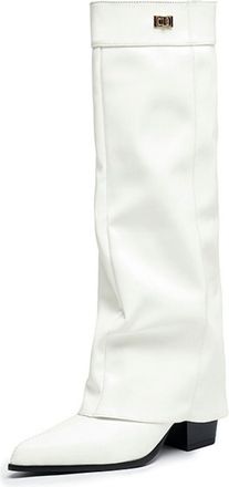 Generic Womens Pull on Knee High Boots Chunky Heel Western Boots Pointed Toe PU Leather Long Boot,White,3.5 UK