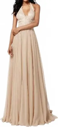 Sherri Hill Sequin Halter Chiffon Gown In Nude