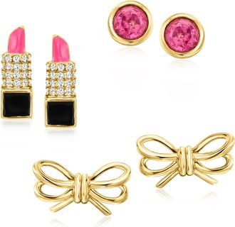 Ross-Simons Pink and White Topaz Jewelry Set With Multicolored Enamel: 3 Pairs Of Accessory Earrings in 18kt Gold Over Sterling