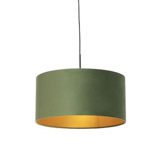 QAZQA R&uacute;stico L&aacute;mpara Colgante Con Pantalla De Terciopelo Verde Con Dorado 50 Cm - Combi Textil /acero Cil&iacute;ndra /alargada /redonda Adecuado Para Led Max. 1 