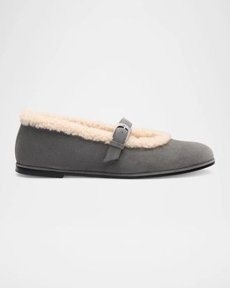 Stuart Weitzman Sai Shearling-Lined Suede Mary Jane Ballerina Flats
