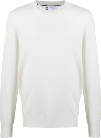 Brunello Cucinelli Witte Kasjmier Gebreide Trui Ronde Hals - Heren - Cashmere truien - Wit - M - Kasjmier - Truien & Vesten