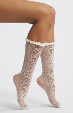 High Heel Jungle Mimi Satin Ruffle Lace Crew Socks in White at Nordstrom