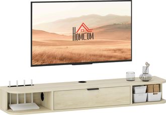 OEM Mueble De Tv Suspendido Con Caj&oacute;n Abatible 2 Estantes Abiertos Gesti&oacute;n De Cables 120x24x16 Cm Madera Natural