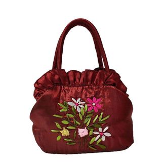 Generic Ethnic Style Tote Bag, Small Purse Wallet, Embroidery Flower Satin Silk Handbag, Zipper Flower Wrist Bag for Women Phone Cosmetic(wine red)