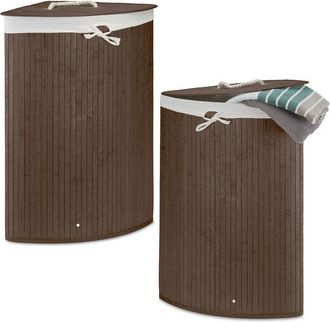 Relaxdays Set de 2 Cestos Ropa Sucia Esquineros, Cubo Colada Plegable con Tapa, Canasta, Bambú, 65 x 49,5 x 37 cm, Marrón