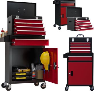 HOMCOM Tool Cabinet on Wheels with 5 Drawers Top Tool Chest Roller Cabinet Combo | TJ Hughes Red