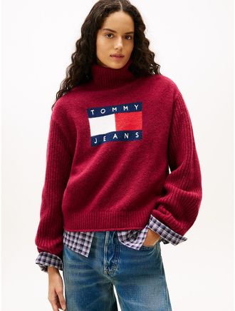 Tommy Hilfiger Womens Tommy Jeans Flag Logo Turtleneck Sweater - Red - XS