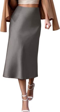 Generic 2025 Womens Solid Satin High Waist Midi Long Skirt Hidden Elastic Waistband Skirt for Women- USA (Grey, S)
