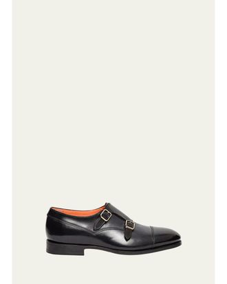 Santoni Mens Gentile Double-Monk Strap Leather Loafers