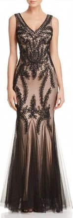 Betsy & Adam Soutache Mermaid Gown In Black Beige