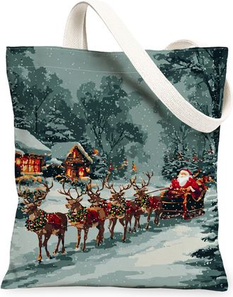 Generic Christmas Reindeer Canvas Tote Bags, Holiday Vintage Design Lightweight Washable Shoulder Strap Grocery Bags for Shopping T, Green, 13x15 Inch