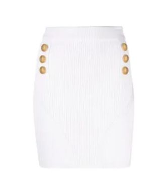 Balmain Cream Ribbed Knit Mini Skirt with Gold Button Detail Size M