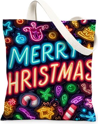 Generic Merry Christmas Canvas Tote Bags, Colorful Reusable Grocery Bags, Winter Lightweight Washable Shoulder Strap Canvas for Tra, Multi-colored, 13x15 Inch