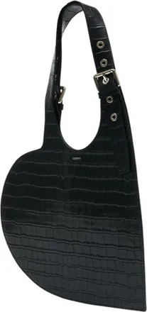 Coperni Womens Croco Belt Heart Shoulder Bag Black Calfskin