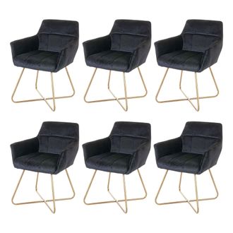 Hhg Set 6x Sedie Poltroncine Hhg 528 Design Retr&ograve; Velluto Nero Gambe Dorate