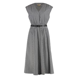 Michael Kors Gestreepte Katoenen Pencil Jurk met Riem - Dames - Casual kleedjes - Zwart - L - Katoen - Kleedjes