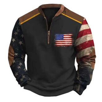 Generic Mens Half Zip Tops, Loose 3D American Flag Print Sweatshirt Casual Stretchy Sportswear With Zip Neckline Long Sleeve Design Baggy Pullover With Elbow 