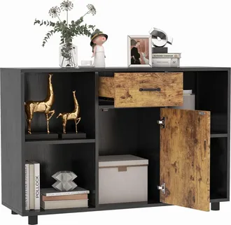 Costway Costway - Aparador Cocina De Buffet Industrial De 120 Cm, Armario De Cocina Con 4 Cub&iacute;culos Abiertos, 1 Puerta, 1 Caj&oacute;n, Dispositivo Antivuelco, Mesa 
