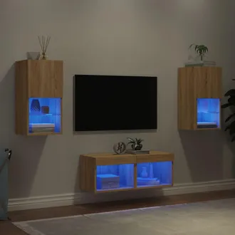 vidaXL Muebles De Tv De Pared Con Luces Led 4 Piezas Roble Sonoma Vidaxl