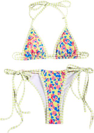 Generic Women Bikini Sets Swimsuits 2 Piece Spaghetti Strap Halterneck Bra Top Halter Neck Triangle Top Thong Bottom Elastic Swimming Costume Soft Swimsuits B