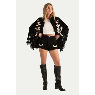 NASTY GAL Real Suede Western Embroidered Shorts in Black at Nordstrom, Size 12