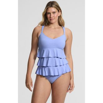 Lands End Smoothing Control Ruffle Fauxkini One Piece Swimsuit in Soft Cloud Blue at Nordstrom, Size 10