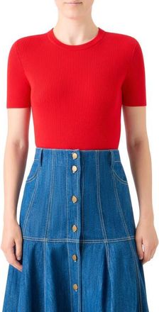 Akris Back Cutout Short Sleeve Stretch Virgin Wool Rib Sweater in Bright Red at Nordstrom, Size 10