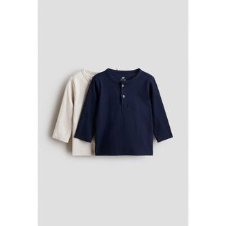 H&M 2-pack Cotton Henley Tops in Light Beige/navy Blue at Nordstrom, Size Newborn