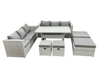 Fimous Rattan Garden Furniture Set Outdoor 10 Seater Patio Dining Sets with Glass Top Dining Table Light Grey Mixed