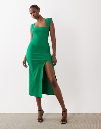 Vesper Vestito midi in bengalina color smeraldo con scollo quadrato e spacco sulla coscia-Verde